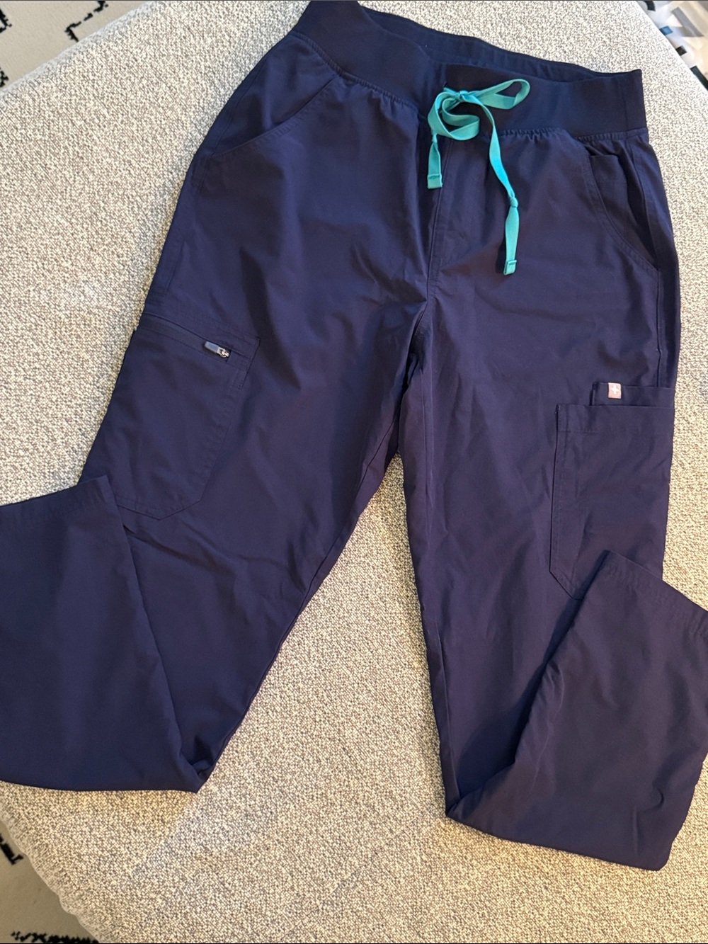 Figs Navy Cargo Scrub Pants with Teal Drawstring